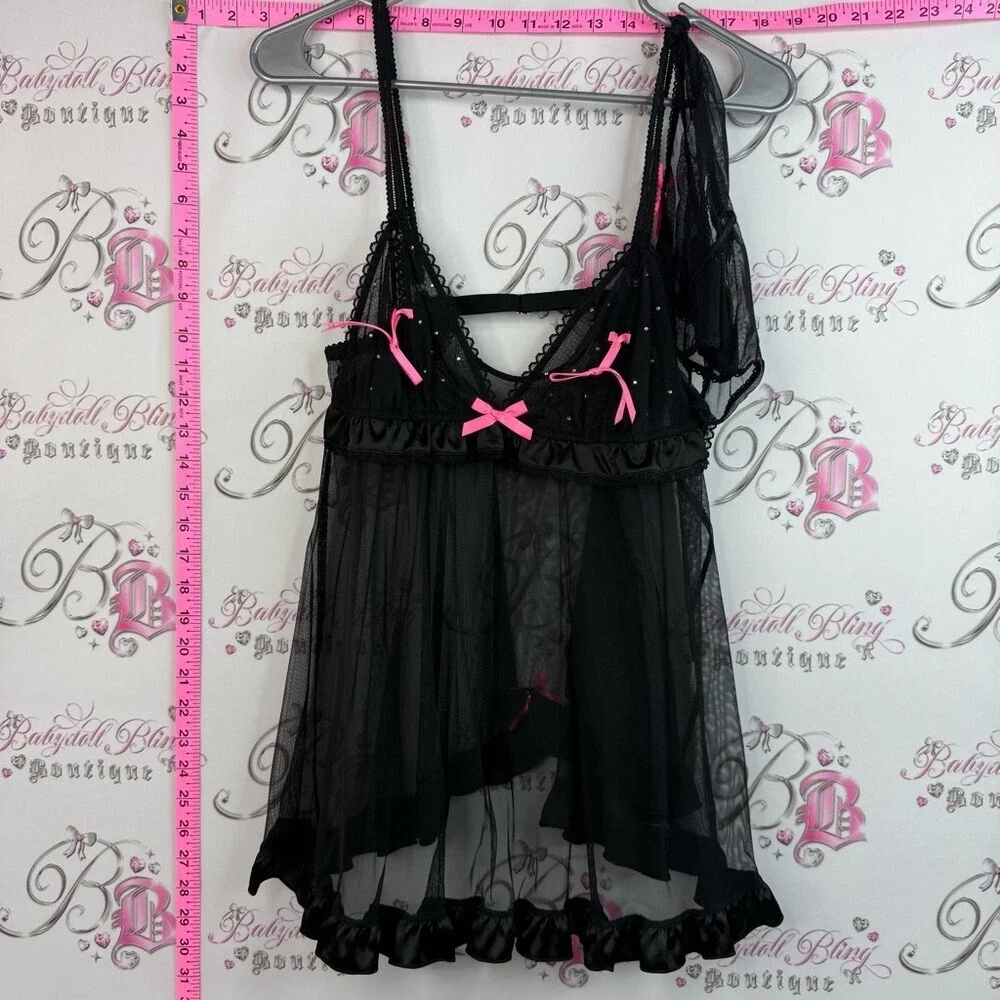 Victoria's Secret set 2 piece sexy little things Black Mesh Babydoll Pink Accent